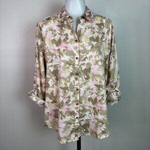 Foxcroft Top 8 Beige Pink Roll-Tab Sleeves Button-Front Shirt Women's